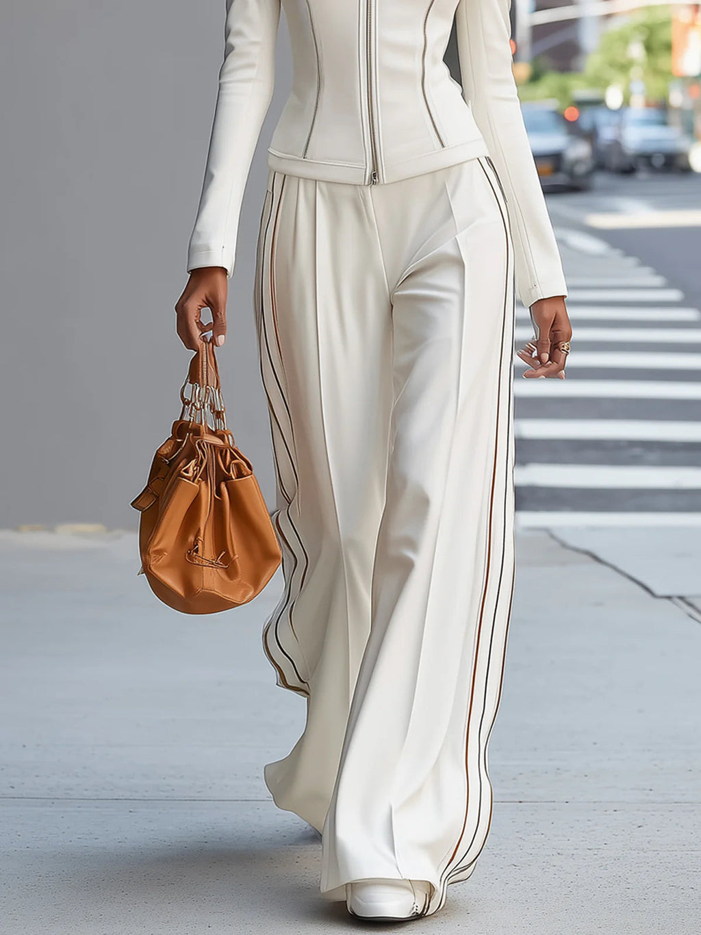 Witte Opstaande Kraag Zip-Up Wijde Pantalon Set