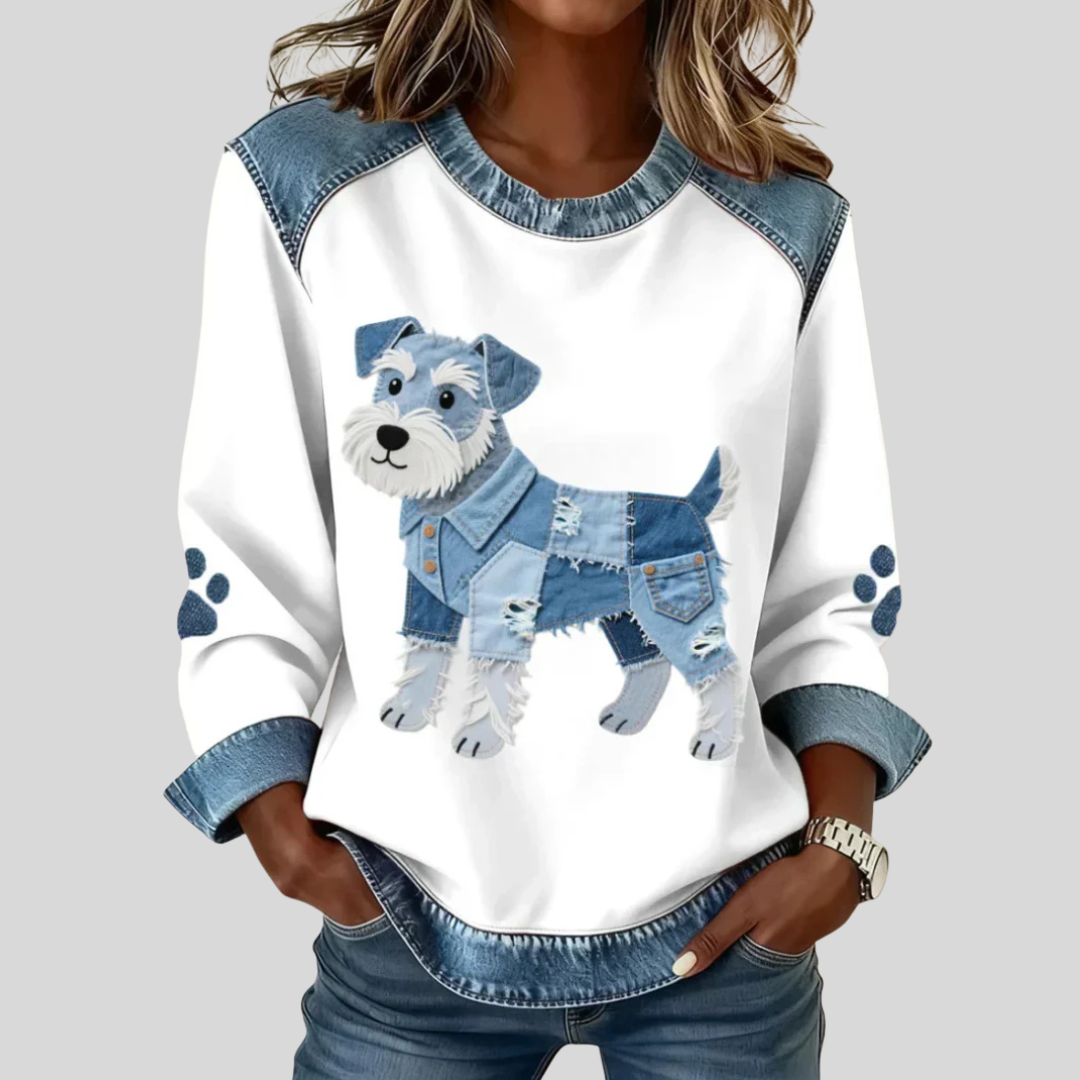 Tess - Denim Top met Hondenprint