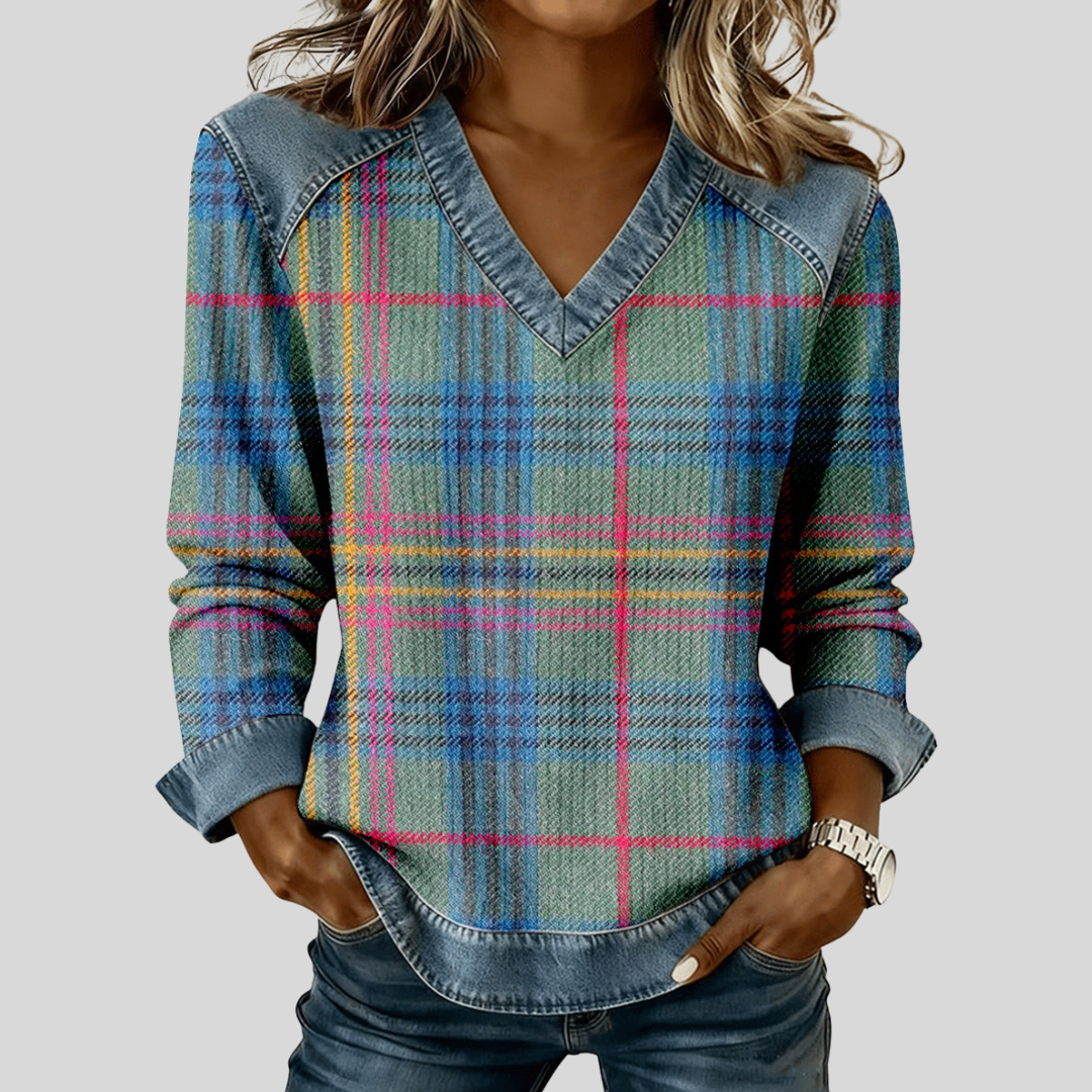 Isa - Geruite Patchwork Top met V-hals