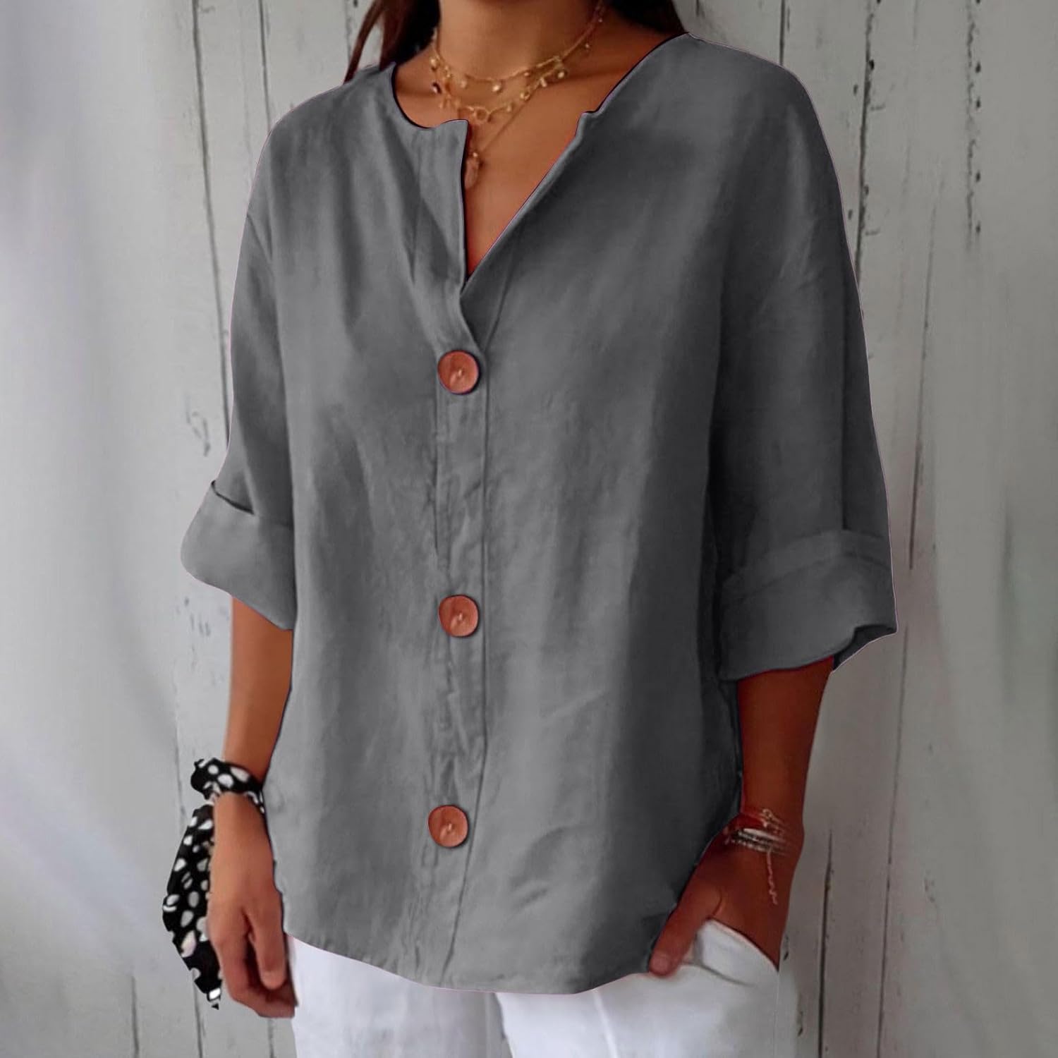 Emma - Ademende Linnen Blouse, Casual en Stijlvol (Grijs)