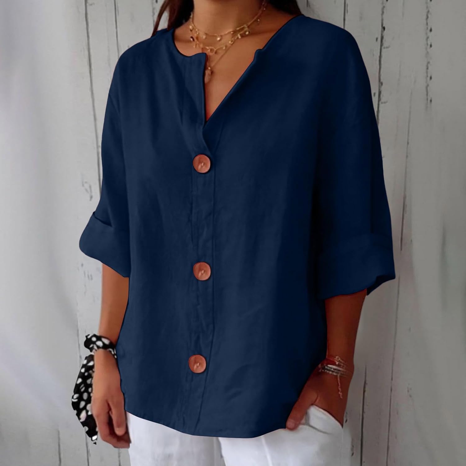Emma - Ademende Linnen Blouse, Casual en Stijlvol (Marineblauw)