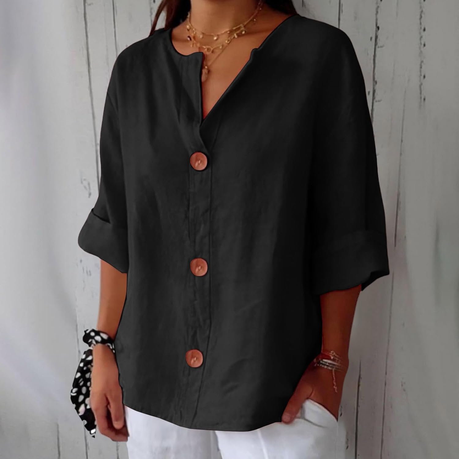 Emma - Ademende Linnen Blouse, Casual en Stijlvol (Zwart)