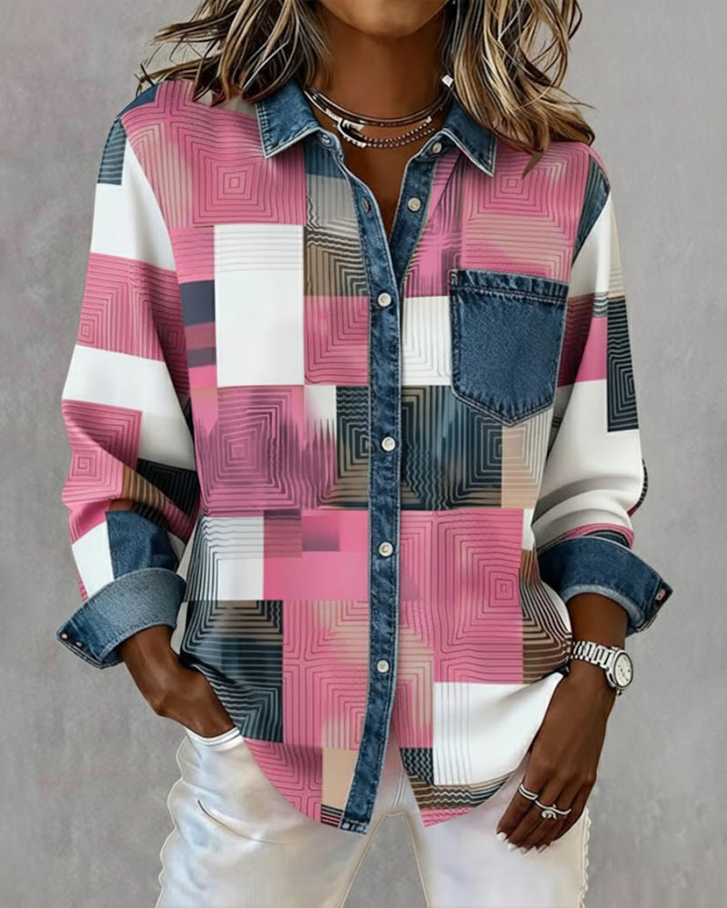 Kleurblok Shirt met Modieuze Kraag