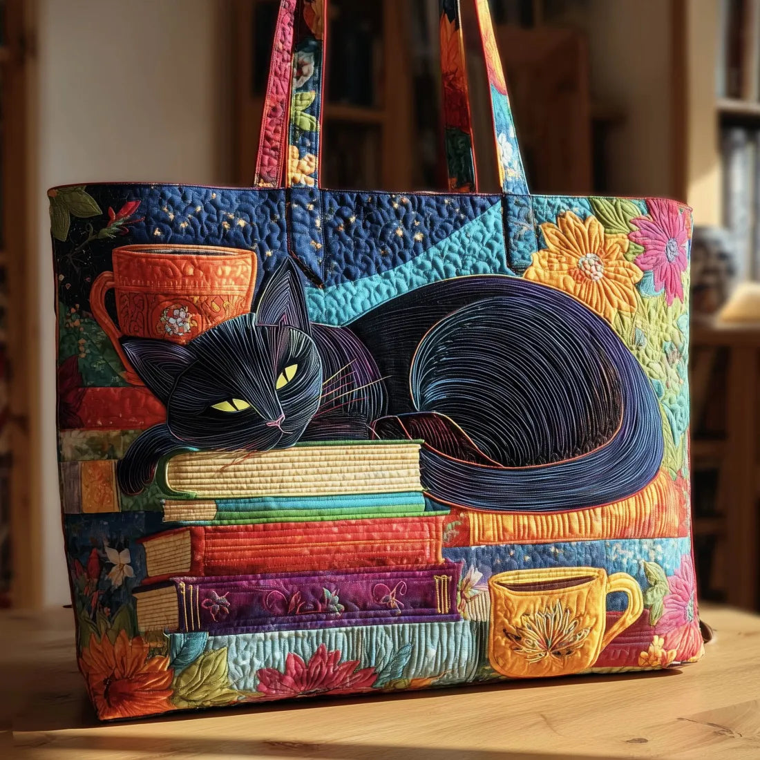 Gewatteerde Tas Zwarte Kat met Boeken en Kopjes