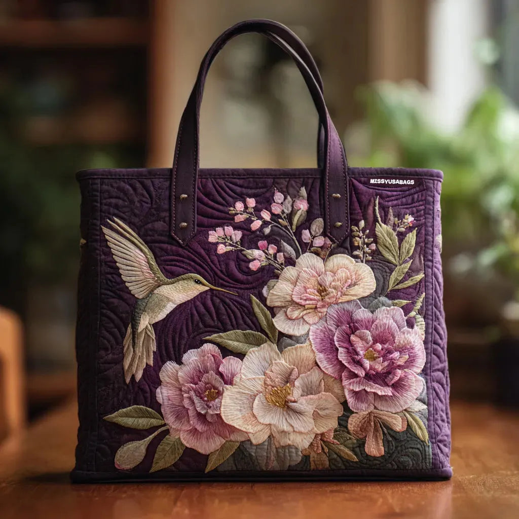 Gewatteerde Tas Paars met Kolibries en Orchideeën
