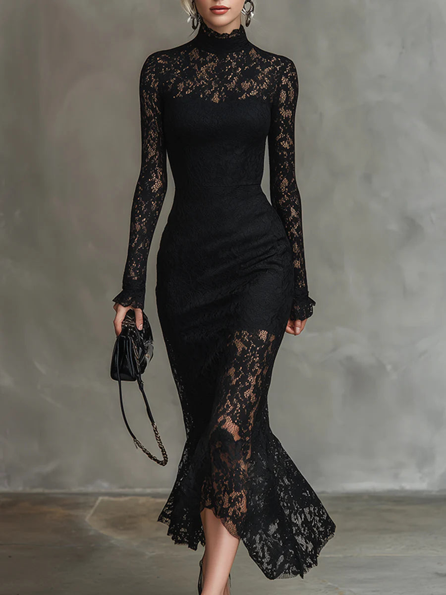 Elwira | Elegante zwarte maxi-jurk met kant