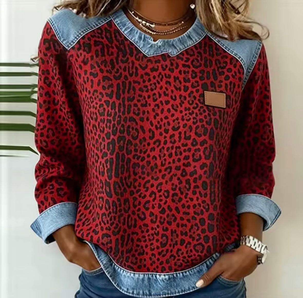 Britt - Gebreide Trui met Denim Look Kraag