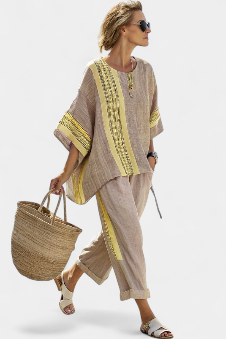 Linde - Elegante Lavendel Top & Mosterd Gestreepte Broek