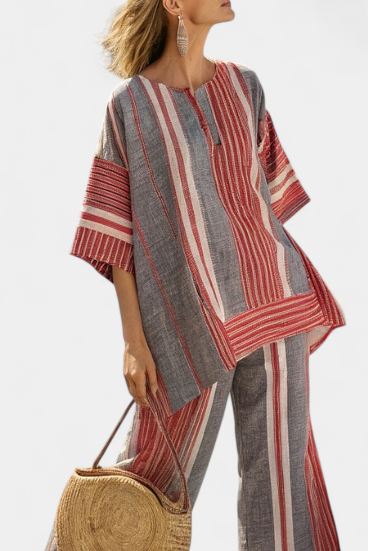 Emma - Elegante Koraalgrijze Linnen Top & Wijde Broek