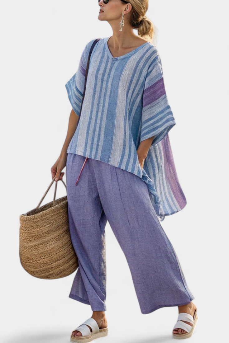 Demi - Elegante Lavendel & Hemelsblauwe Top & Linnen Broek