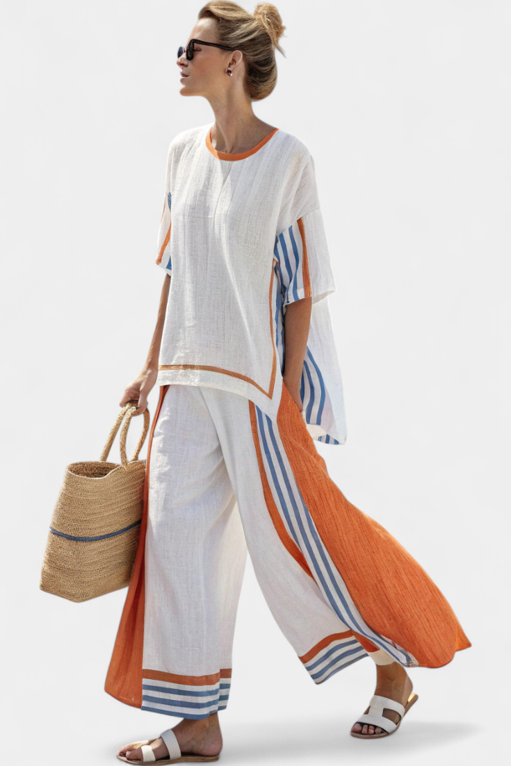 Nina - Comfortabele Wijde Gestreepte Broek & Linnen Top