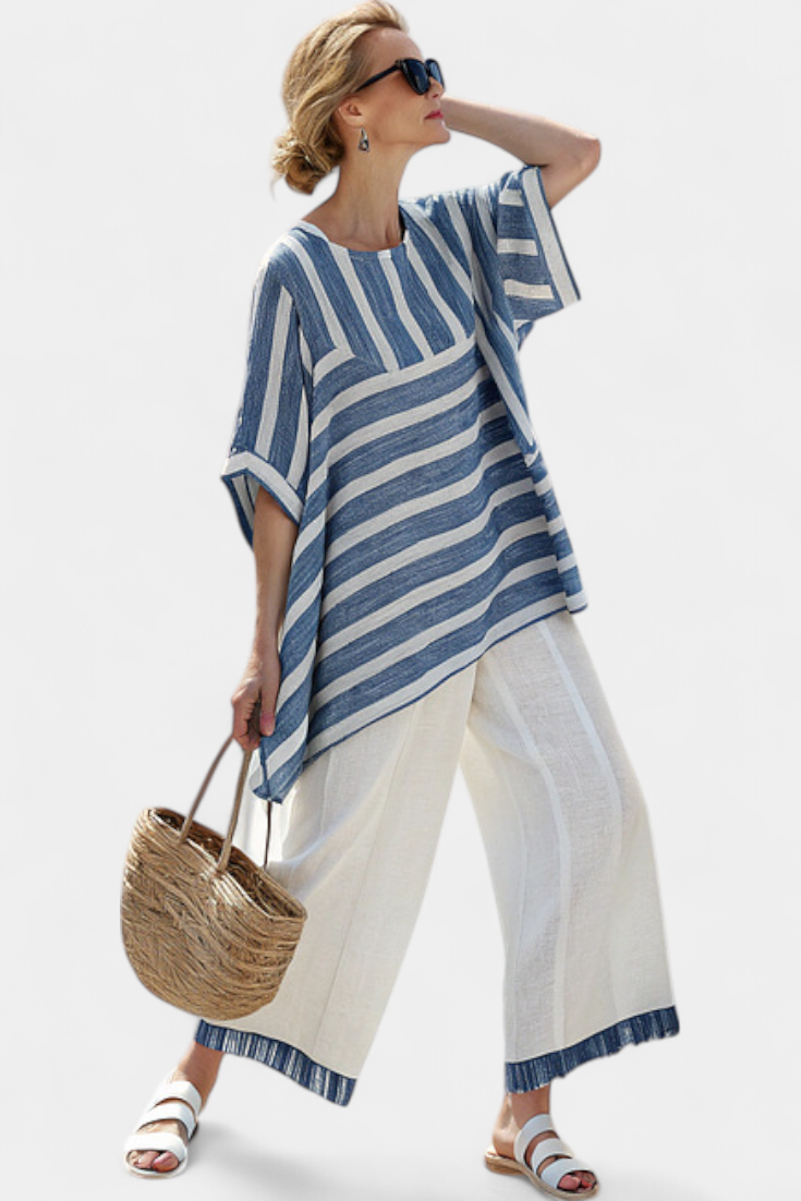 Elin - Verfijnde Blauw Gestreepte Top & Broek Met Zoomdetail