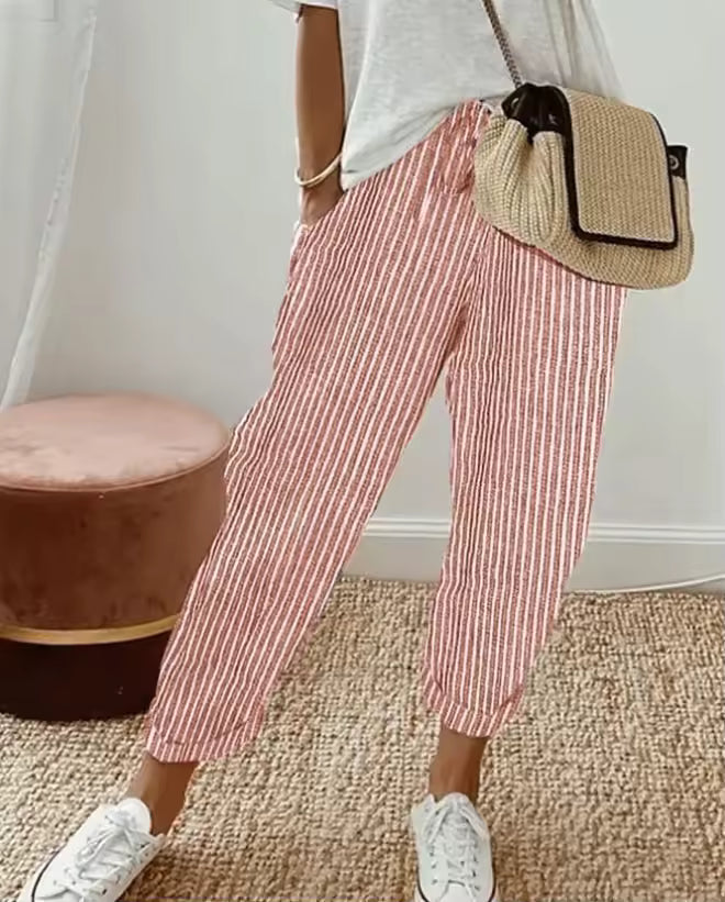 Sofie – Ademende Linnen Pantalon, Casual en Stijlvol (Rood gestreept)