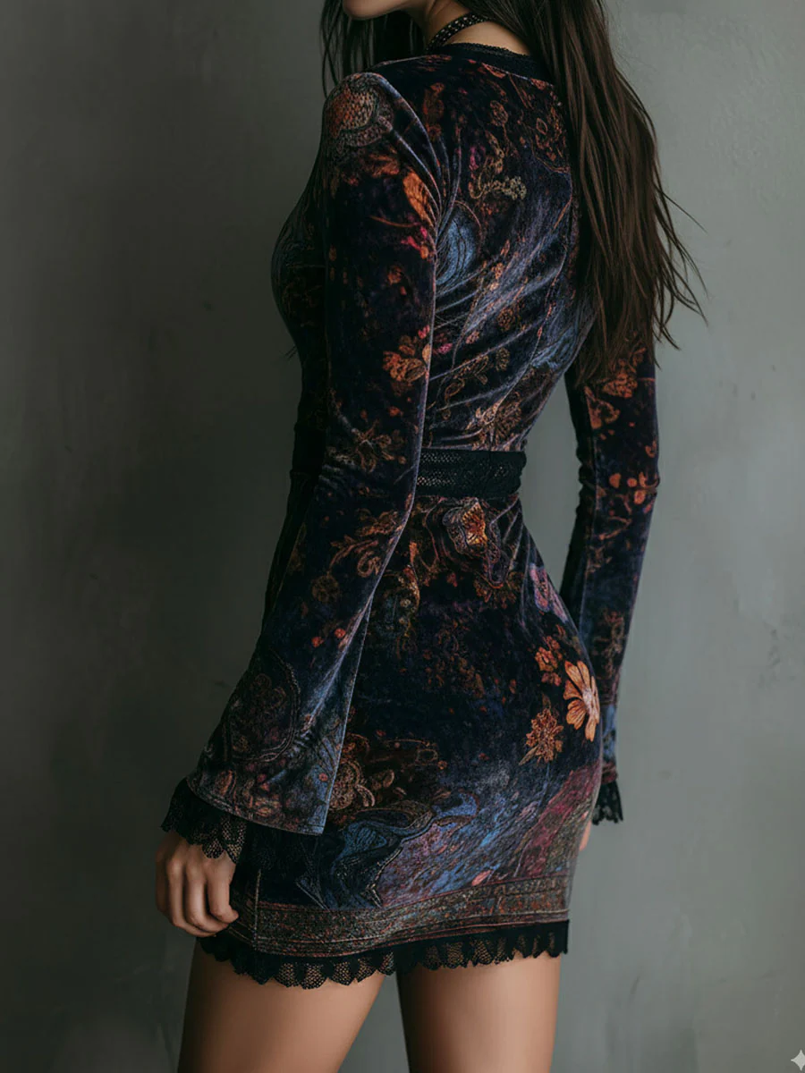 Bloemenprint V-hals Fluwelen Kant Trim Slim-fit mini-jurk