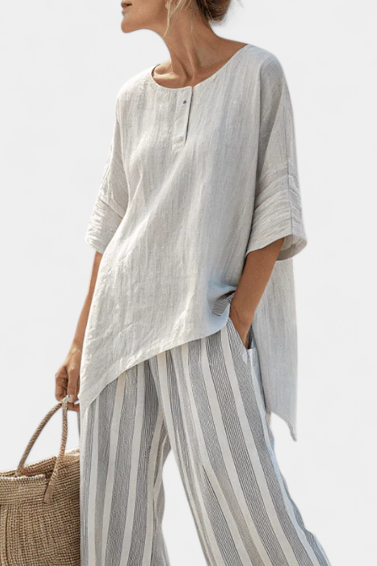 Sophie - Elegante Asymmetrische Blouse & Gestreepte Broek