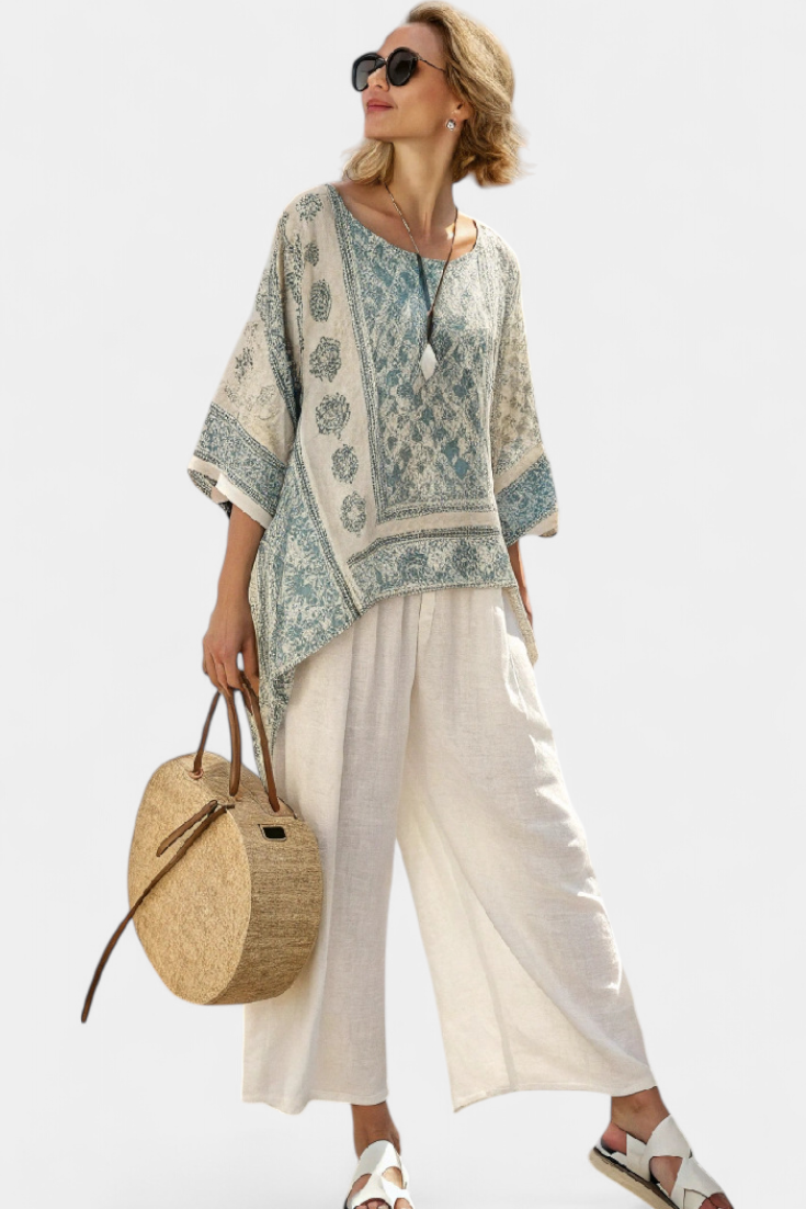 Fleur - Comfortabele Blouse Met Print & Wijde Witte Broek