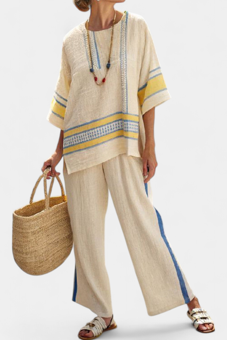 Jade - Comfortabele Blauw-Gele Mediterrane Top & Linnen Broek