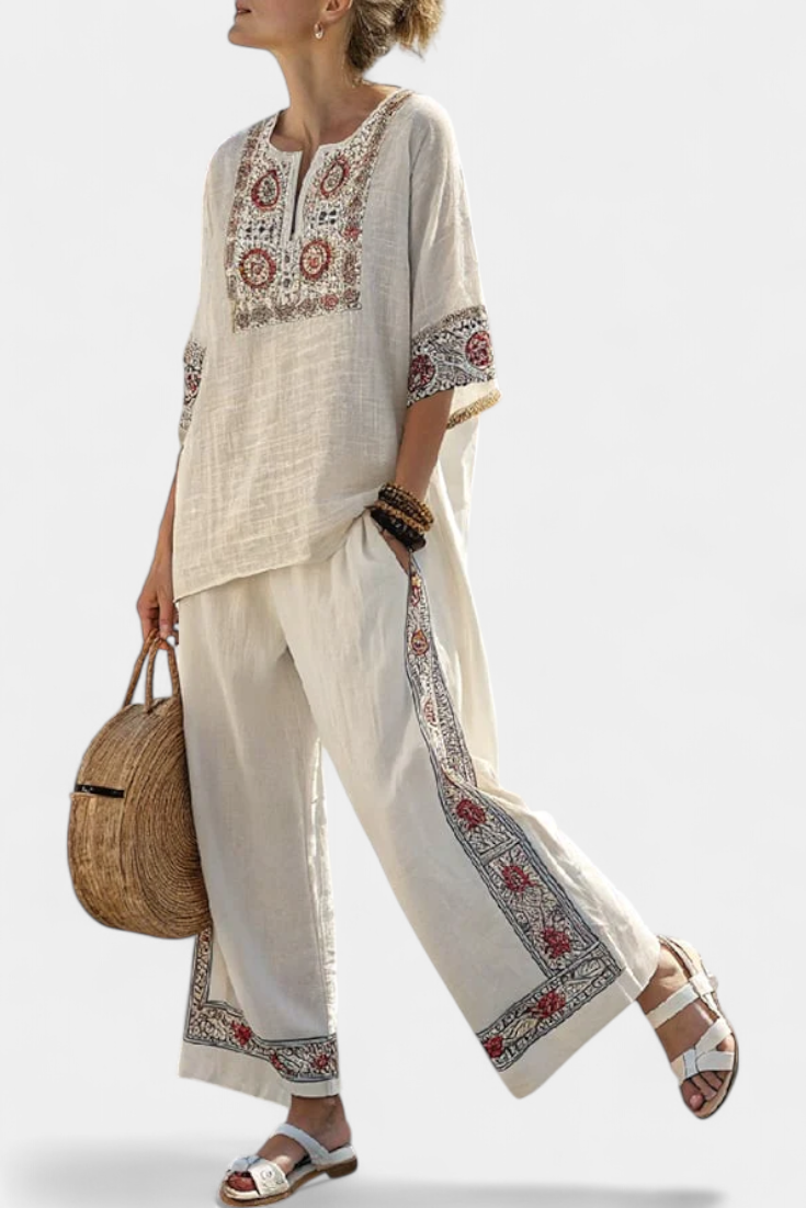 Maud - Verfijnde Geborduurde Blouse & Wijde Broek